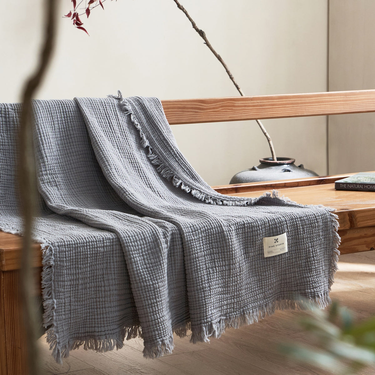 Plaid en coton quatre épaisseurs à franges – photo 2