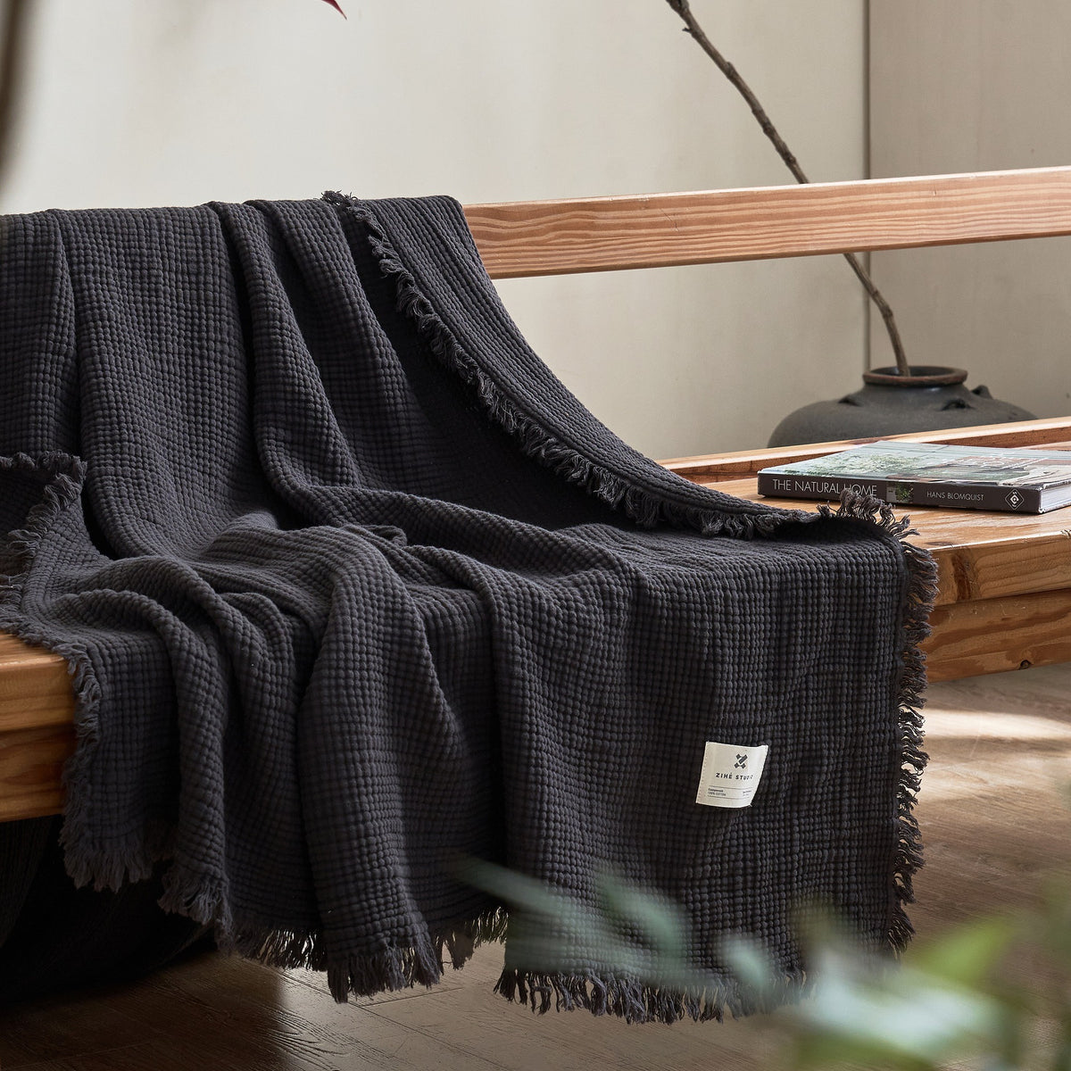 Plaid en coton quatre épaisseurs à franges – photo 1