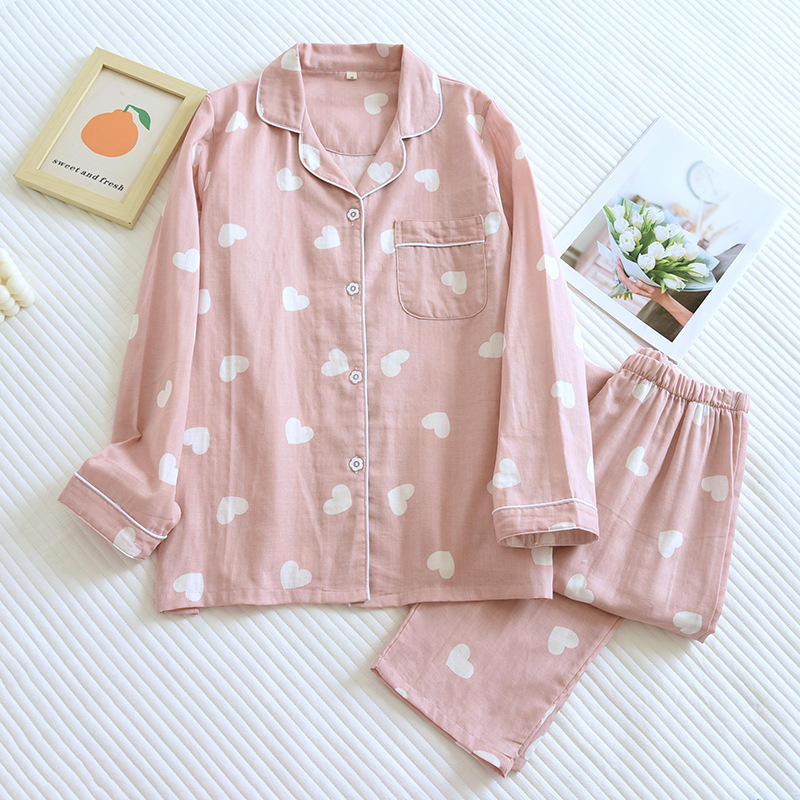 Pyjama femme en gaze de coton à motif cœurs – photo 2